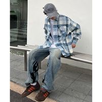 404MOBGANG 复古雾霾蓝刺绣扎染格子 长袖衬衫