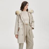 限尺码：BADGLEY MISCHKA 【春秋季防风保暖外套】女士可拆卸兔毛内胆貉子毛领连帽派克服中长款棉服