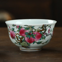 九楼阁 景德镇青花釉中彩古典品茗杯高温陶瓷主人杯单杯功夫茶具 反口杯寿桃 110ml 1只 不带礼盒