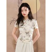 西遇 收腰正肩夏季新中式印花短袖T恤褶皱设计感小众显瘦短款女士上衣