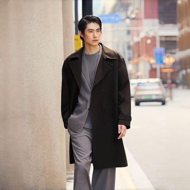 杰克琼斯 春季中长款双排扣静奢风衣 E40黑色