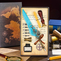 1 复古风洒金羽毛笔欧式英伦蘸水笔礼盒商务沾水笔套装教师节礼物 沾水点金翅膀带印章10件套--湖蓝--无袋