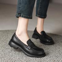 卡文 时尚真皮乐福鞋女防磨粗跟女鞋休闲深口单鞋百搭鞋子