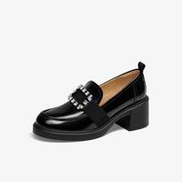 蹀愫 春秋季时尚水钻方扣圆头小皮鞋增高乐福鞋女单鞋女