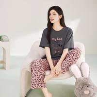 玛伦萨 女士睡衣春夏100%纯棉短袖长裤套装撞色爱心宽松可外穿家居服