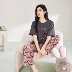 玛伦萨 女士睡衣春夏100%纯棉短袖长裤套装撞色爱心宽松可外穿家居服