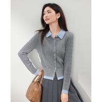 朗文斯汀 2024年秋季撞色拼接坑条女式针织衫