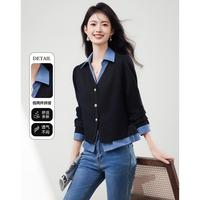 似水年华 叠穿假两件衬衫女26春秋新款时尚撞色气质百搭减龄春秋长袖上衣