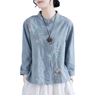  子牧棉麻 中国风立领刺绣 女士衬衫 白色 2XL (125-140斤)