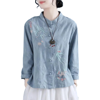  子牧棉麻 中国风立领刺绣 女士衬衫 白色 2XL (125-140斤)