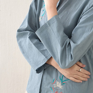 子牧棉麻 中国风立领刺绣 女士衬衫 白色 2XL (125-140斤)