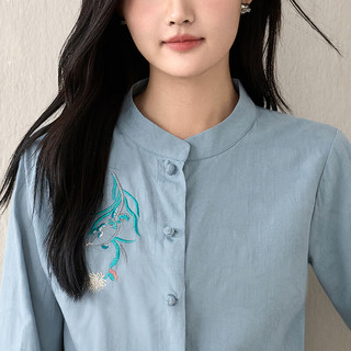  子牧棉麻 中国风立领刺绣 女士衬衫 白色 2XL (125-140斤)