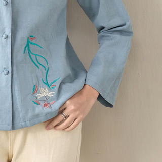  子牧棉麻 中国风立领刺绣 女士衬衫 白色 2XL (125-140斤)
