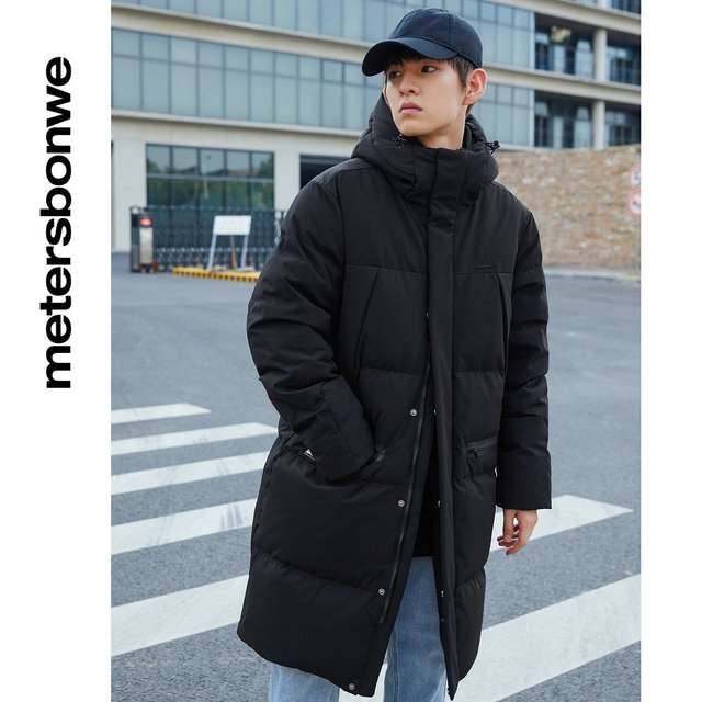 美特斯邦威 男士长款羽绒服连帽夹克加厚黑色保暖外套 115881