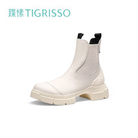 蹀愫 冬新款牛皮切尔西增高一脚蹬厚底休闲烟筒靴TA43731-51 米色牛皮革/米色织物 35 225mm