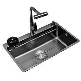 国家补贴：京东京造 黑金刚系列 304加厚不锈钢 厨房一体盆水槽 大单槽76*47cm 飞雨抽拉龙头+洗杯器