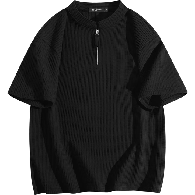 今日必买：gxgjeans 26夏新品 美式半拉链宽松华夫格休闲立领短袖T恤 黑色