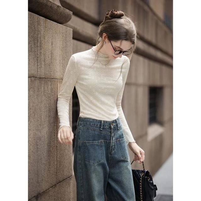 唐狮 打底衫女春季可外穿半高领净色肌理针织打底衫高级感内搭