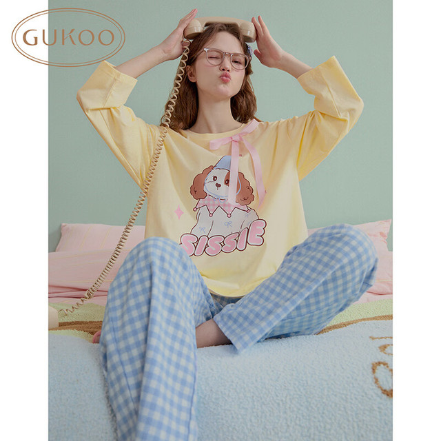 GUKOO 春秋款原创西西蒂奇卡通可爱格子裤女士家居服套装