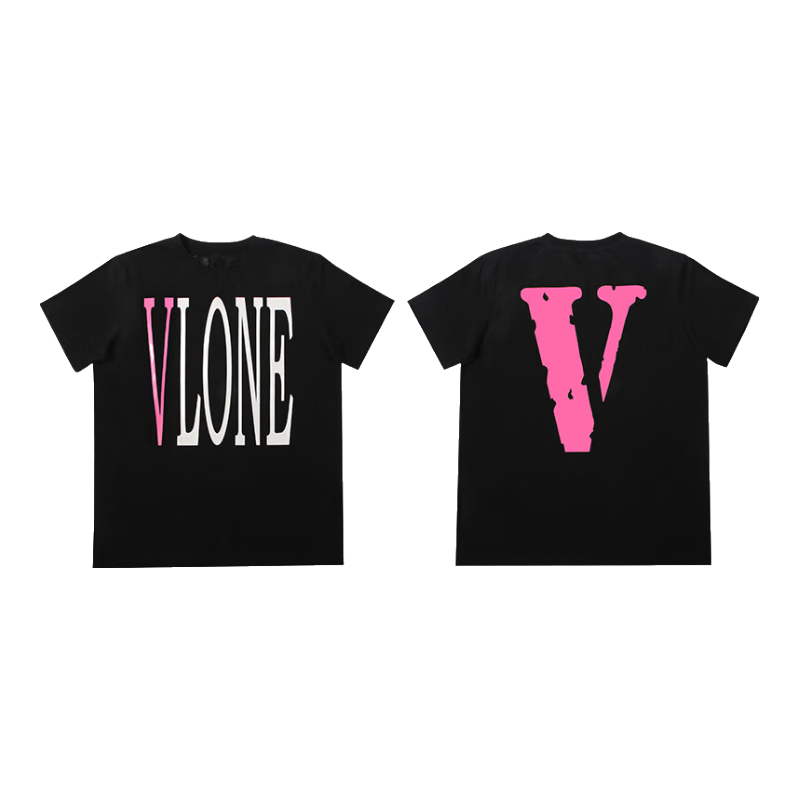  VLONE 纯棉 男士短袖T恤 黑粉-经典大V款
