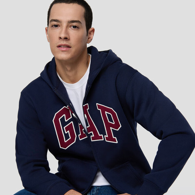 Gap 男女装春款LOGO抓绒宽松连帽拉链卫衣休闲上衣