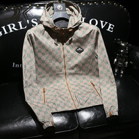 DK 品牌男装春秋连帽夹克男士外套时尚印花修身拼色百搭运动休闲商务 卡其色 M