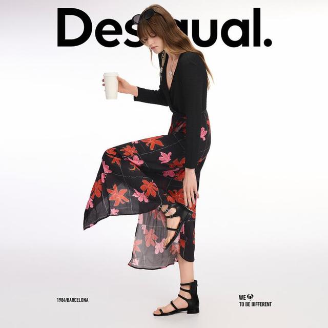 Desigual 印花拼接V领长袖裹身裙连衣裙