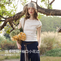 OLRAIN 女士简约小花边连袖修身T恤