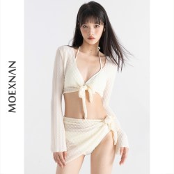 MOEXNAN 新款泳衣女性感裙式四件套长袖防晒度假显瘦仙女遮肚泡温泉泳装
