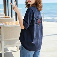 名创优品 藏青色纯棉圆领短袖t恤女2026夏季设计感小众宽松百搭半袖衫