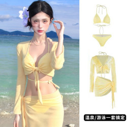 铂呐苓 比基尼泳衣女分体长袖遮肚显瘦四件套 温泉度假沙滩海边性感游泳衣