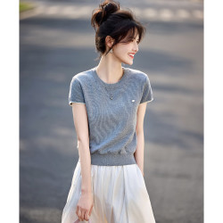 尚静 短袖针织衫女夏季新款女装小个子短款简约修身显瘦百搭体恤上衣女