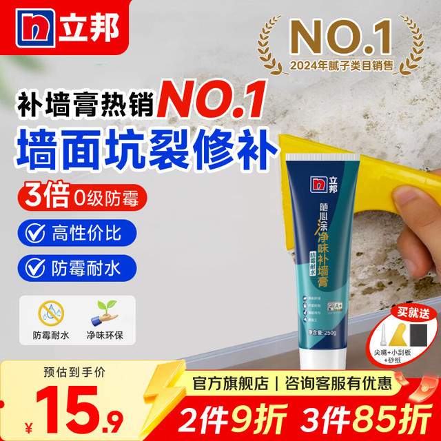 立邦 补墙膏墙面修复补墙膏白色墙面修补防水防霉腻子膏墙面修补 250g*1件