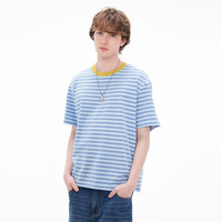 gxgjeans 潮流撞色时尚罗纹多色条纹圆领短袖t恤 26夏新品 蓝条