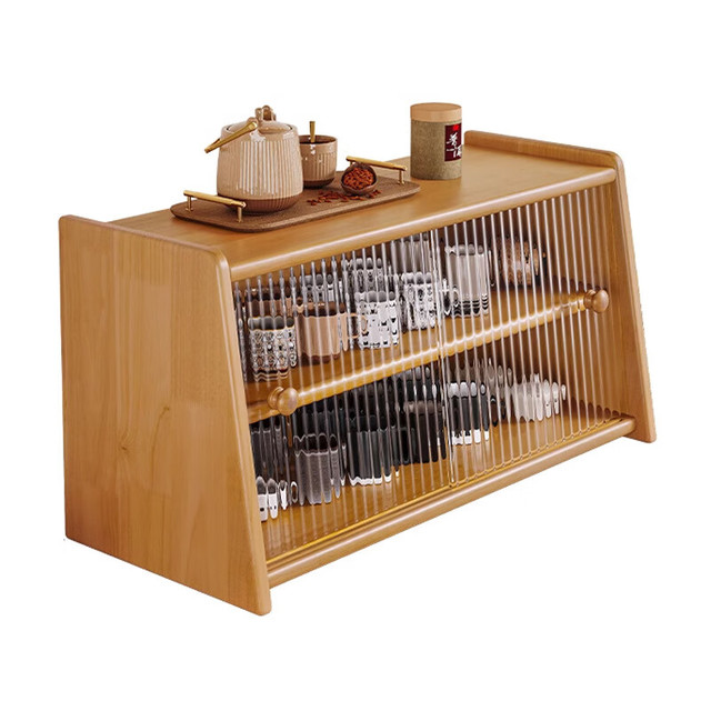 可芝 实木放杯子茶具收纳柜餐边柜台面咖啡杯架桌面水杯茶杯餐桌置物架 黑胡桃木色（玻璃防尘柜门）60cm