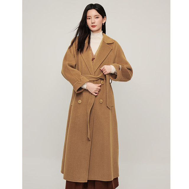 茵曼 绵羊毛双面呢大衣女冬小香风中长外套 经典卡其 XL