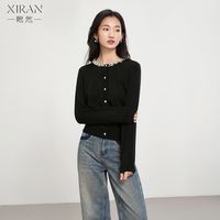 XIRAN/熙然 钉珠开衫 女士针织衫 雅黑色 S