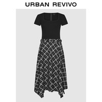 URBAN REVIVO 拼接格纹 女士连衣裙+腰带
