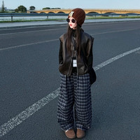 诺佳微淇 女童套装秋装2026新款韩系中大儿童皮马甲格子裤女孩洋气三件套潮 马甲+裤子+打底衫 150