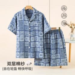 阿诗玛 纯棉纱布男士睡衣夏季薄款复古短袖家居服套装