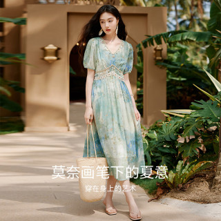 香影 波西米亚 女士连衣裙 绿花 连衣裙