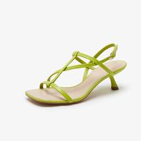 le saunda 头层牛皮商场同款春夏时尚纯色压花条带细跟凉鞋女鞋