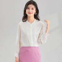 限尺码：金菊 福利出清欧若风桑蚕丝圆领纯色拼接长袖气质菱格提花春秋女式衬衫