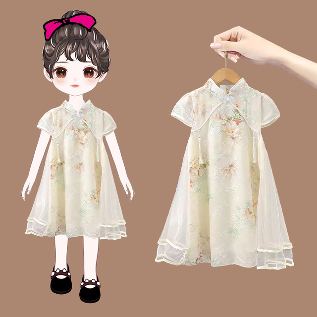 拉夏贝尔 女童连衣裙夏季新款新中式杏色绣花裙子小女孩国风旗 旗袍裙 105