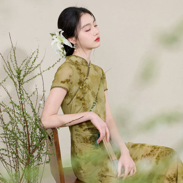 三彩 晕染印花网纱 女士连衣裙两件套