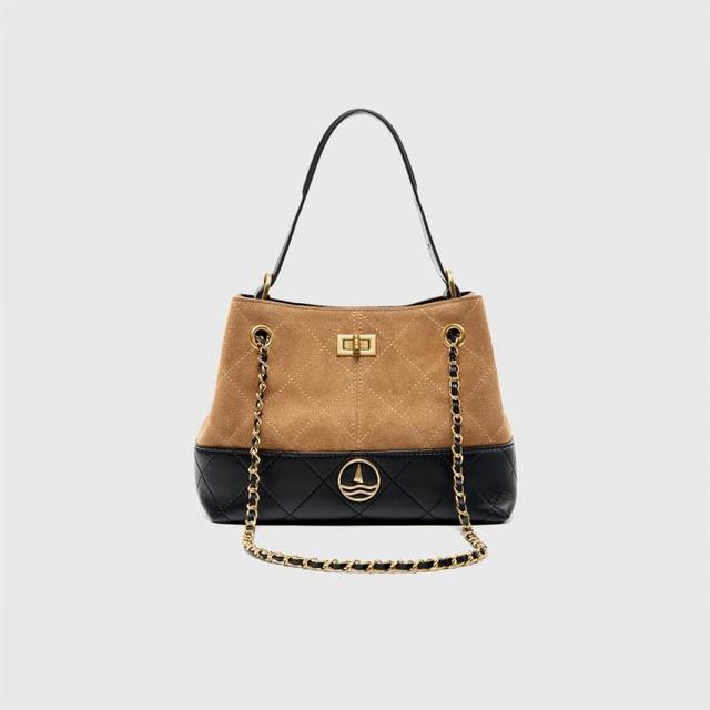 navigare 【轻奢质感包包】意大利小帆船磨砂牛皮×头层羊皮拼接复古菱格链条包大容量女士手提斜挎单肩三用  通勤购物一包搞定