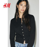 H&M 女装毛针织衫春季miu系开衫空调衫薄款针织外套1237776 黑色007 M 165/96