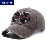 NY-NYM 韩版水洗牛仔做旧布料弯檐鸭舌帽子女字母