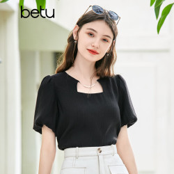 百图 优雅链条珍珠镂空 女士衬衫 黑色