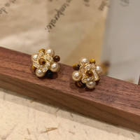 洛梵欣饰 LOFANXIN 洛梵欣饰 法式复古美拉德镶锆石撞色珍珠耳钉 925银针 00256